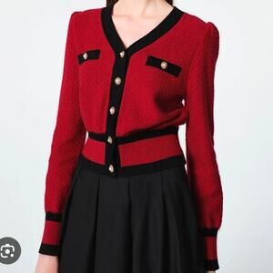 Goelia Classic Jacquard Black Trim Gold Tone Button Wool Blend Cardigan